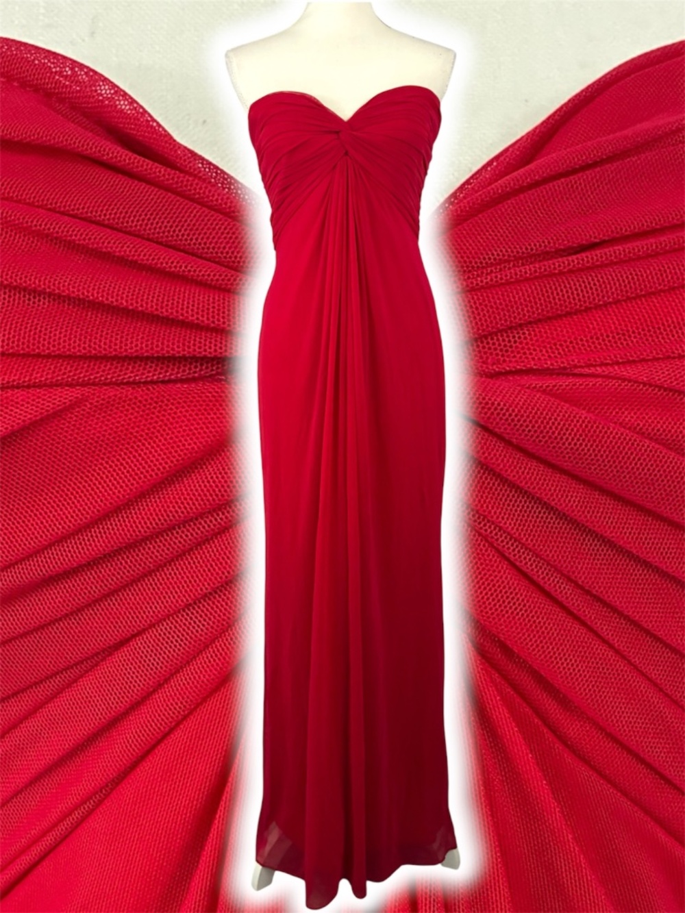 Tadashi Shoji Sweetheart Draped Gown L Red Mesh Strapless Maxi Long Dress Tulle